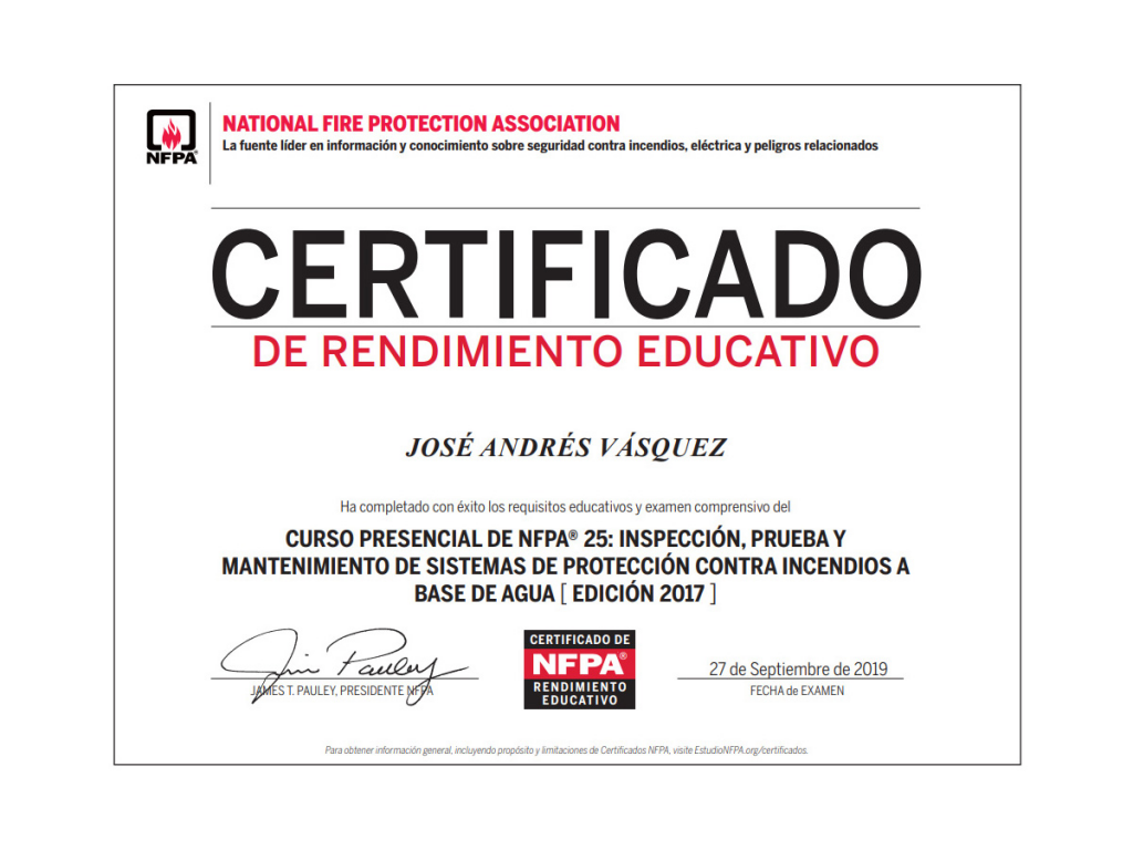 Servicios mantenimiento componentes del sistema contra incendios - Certificado NFPA-25